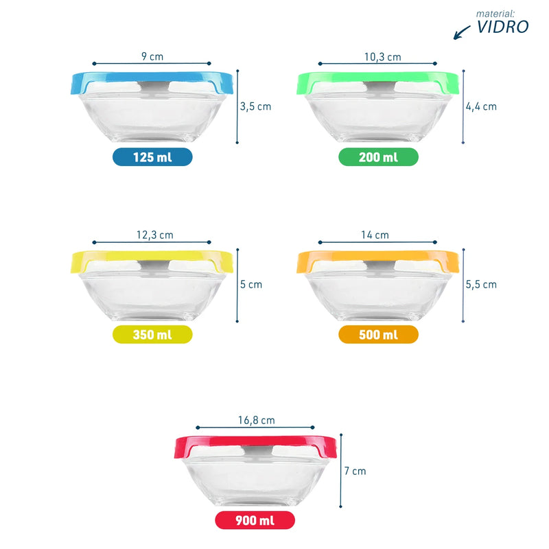 5 Tigela de Vidro com Tampas de Plástico Coloridas